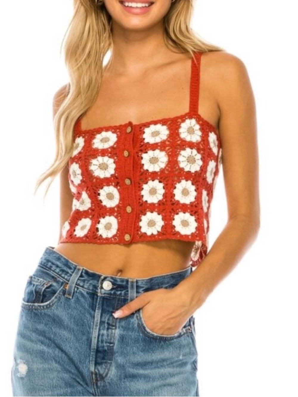 Rust Floral Crochet Button-Front Crop Tank